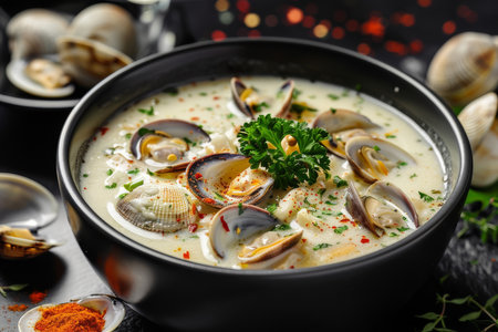 A bowl of soup with clams and parsley. The soup is creamy and has a rich colorの素材