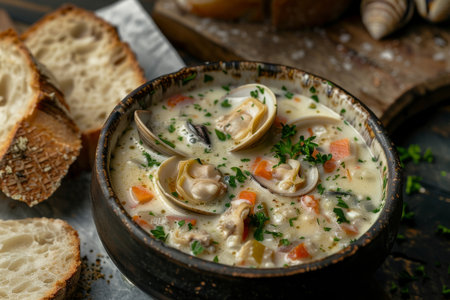 A bowl of soup with clams and parsley. The soup is creamy and has a rich colorの素材