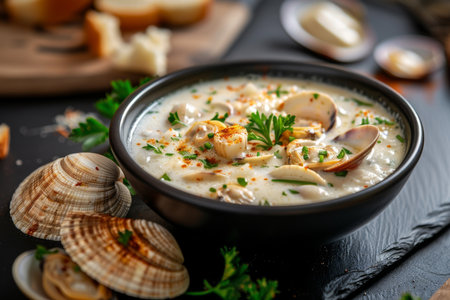 A bowl of soup with clams and parsley. The soup is creamy and has a rich colorの素材