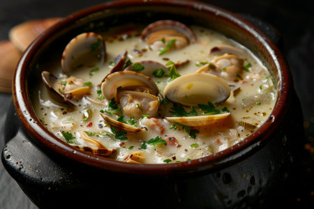 A bowl of soup with clams and parsley. The soup is creamy and has a rich colorの素材