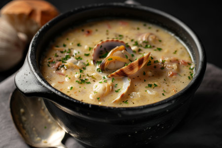 A bowl of soup with clams and parsley. The soup is creamy and has a rich colorの素材