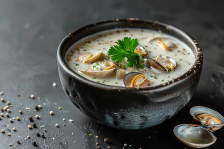 A bowl of soup with clams and parsley. The soup is creamy and has a rich colorの素材