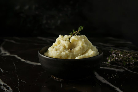 Delicious creamy mashed potatoes with butter, fresh herbs and freshly-cracked black pepperの素材