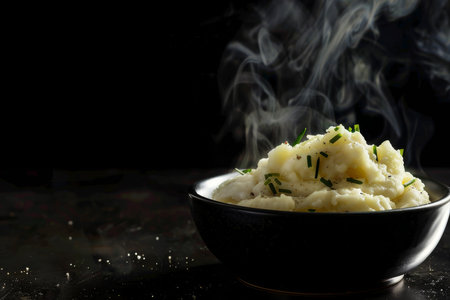 Delicious creamy mashed potatoes with butter, fresh herbs and freshly-cracked black pepperの素材