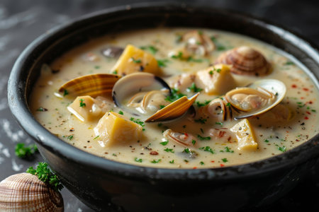 A bowl of soup with clams and parsley. The soup is creamy and has a rich colorの素材