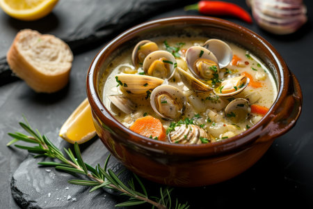 A bowl of soup with clams and parsley. The soup is creamy and has a rich colorの素材