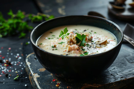 A bowl of soup with clams and parsley. The soup is creamy and has a rich colorの素材