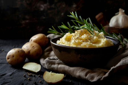 Delicious creamy mashed potatoes with butter, fresh herbs and freshly-cracked black pepperの素材