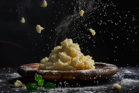 Delicious creamy mashed potatoes with butter, fresh herbs and freshly-cracked black pepperの素材