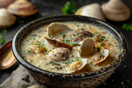 A bowl of soup with clams and parsley. The soup is creamy and has a rich colorの素材