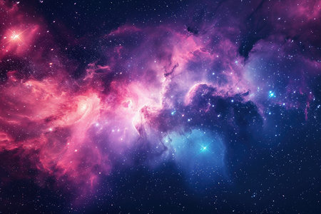 A colorful galaxy with a purple and blue background and a red and pink foreground. The stars are scattered throughout the image, creating a sense of depth and vastnessの素材