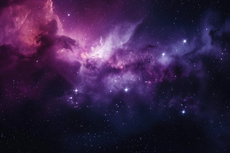 A colorful galaxy with a purple and blue background and a red and pink foreground. The stars are scattered throughout the image, creating a sense of depth and vastnessの素材