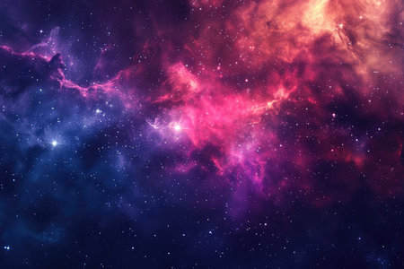 A colorful galaxy with a purple and blue background and a red and pink foreground. The stars are scattered throughout the image, creating a sense of depth and vastnessの素材