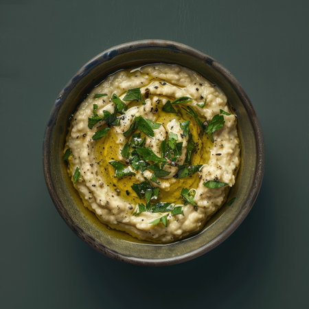 Close up of creamy hummus with parsley and olive oil in a bowl on a green background.の素材
