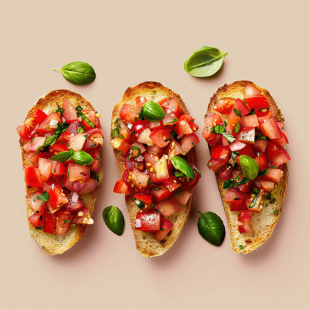 Three pieces of bruschetta with tomato, basil, and garlic. Delicious Italian appetizer for lunch or dinnerの素材