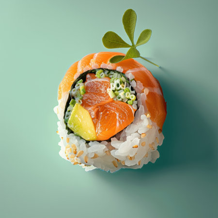 Close up of a delicious salmon avocado sushi roll garnished with a green leaf. Concept of Japanese food, sushi, healthy eating, and Asian cuisine.の素材