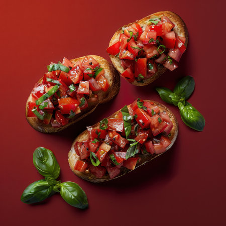 Three slices of bruschetta with tomato, basil and balsamic vinegar on a red backgroundの素材