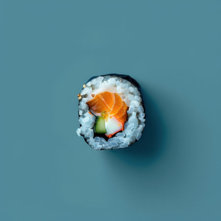 Salmon and Crab Sushi Roll with a hint of Avocado on a Blue Backgroundの素材