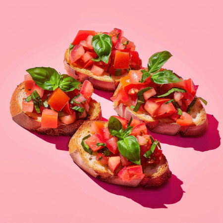 Close up of four bruschetta with fresh tomato and basil on pink background. Delicious appetizer, Italian food, Mediterranean cuisine.の素材