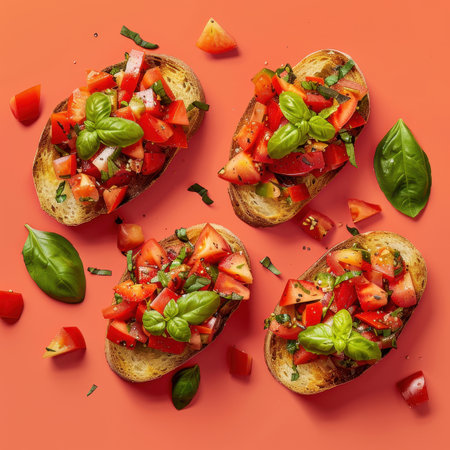 Close-up overhead view of four pieces of bruschetta with tomato, basil and olive oil on a red background. Delicious appetizer or snack.の素材