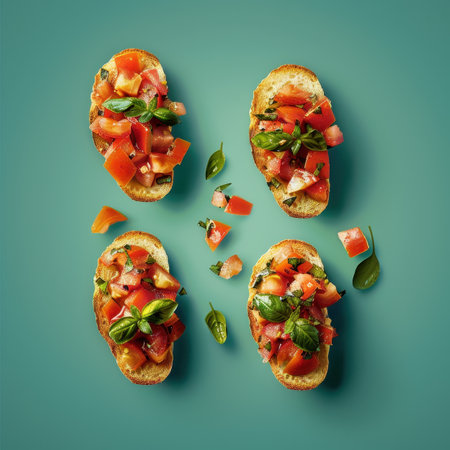 Close up of four bruschetta with fresh tomato, basil and garlic on a turquoise background. Italian cuisine, appetizer, food photographyの素材
