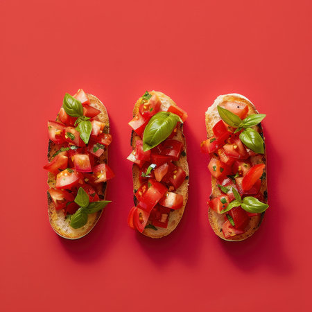 Three Classic Bruschetta Toppings with Tomatoes, Basil, Garlic, and Olive Oilの素材