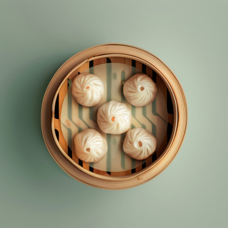 Delicious steamed dumplings in a bamboo steamer basket, Chinese cuisine.  Perfect for a meal or snack.の素材