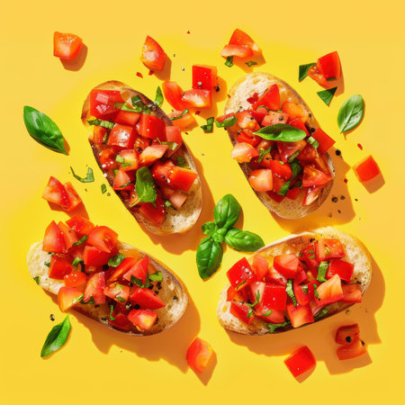 Delicious Italian bruschetta with fresh tomatoes, basil and garlic. Close up of traditional Italian appetizer on a yellow background.の素材