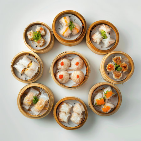 Assortment of delicious dim sum dumplings in bamboo steamer baskets.  Variety of Chinese cuisine appetizers.の素材