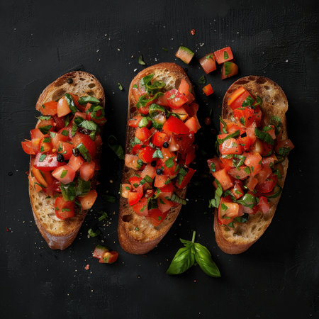 Three slices of bruschetta with tomato basil topping on black background. Italian cuisine, food photography, appetizer recipe.の素材