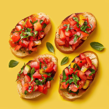 Four slices of tomato bruschetta on yellow background, Italian appetizer, food photographyの素材