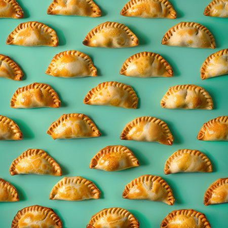 Pattern of golden brown empanadas on a turquoise background. Argentinian, Latin American food, flat lay, food photography, pattern design.の素材