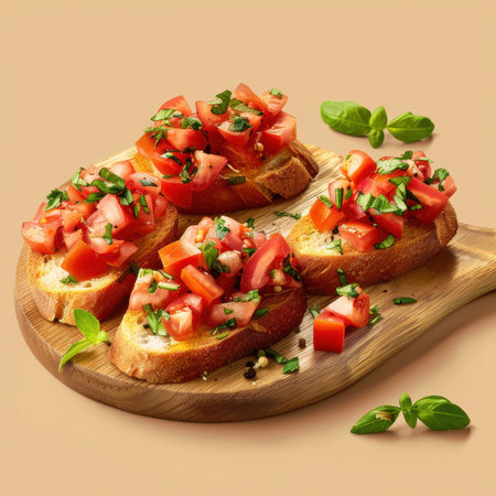 Bruschetta with tomatoes, garlic and basil. Appetizer, Italian cuisine, food photography, healthy, delicious, dinner, lunch, snack, Mediterranean, vegan, vegetarian.の素材