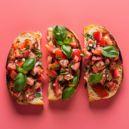 Three pieces of tomato basil bruschetta on pink backgroundの素材