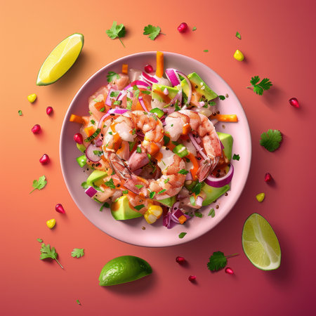 Shrimp ceviche with avocado, onion, lime, cilantro and pomegranate seeds. Top view of a delicious seafood salad with fresh ingredients.の素材