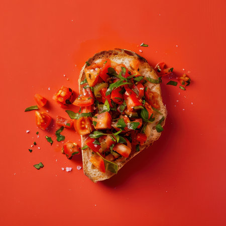 Close-up of a single bruschetta topped with diced tomatoes, basil, and olive oil on a red background. Italian food, appetizer, bread.の素材
