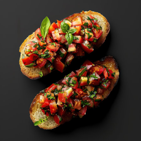 Classic Italian Bruschetta with diced tomatoes, garlic, basil and olive oil served on toasted baguette slices. Delicious homemade appetizer or light meal, close up, top view.の素材