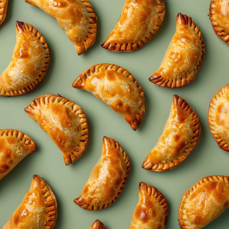 Golden Brown Empanadas on Green Background.  A Close Up View of Delicious Empanadasの素材