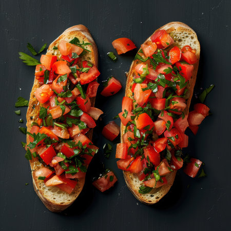 Overhead view of two slices of tomato bruschetta with fresh basil and parsley on a black background. Simple Italian appetizer recipe.の素材