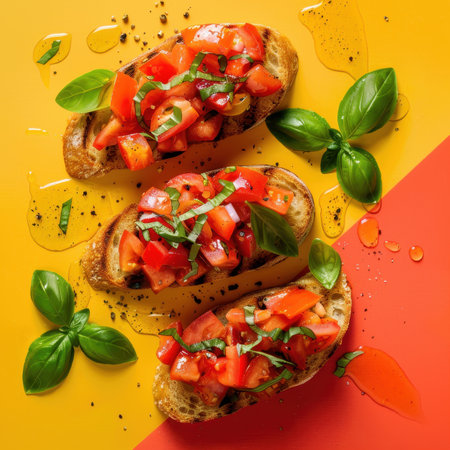 Close up of three pieces of tomato basil bruschetta on a yellow and orange background, with olive oil drizzled over.の素材