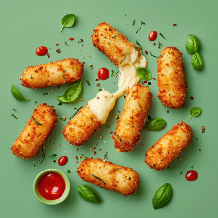 Fried Mozzarella Sticks with melted cheese, ketchup and basil leaves. Concept for appetizers, snack food, finger food, comfort food.の素材