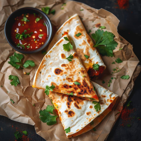 Crispy golden brown quesadillas with spicy dipping sauce. Delicious mexican food recipe.の素材