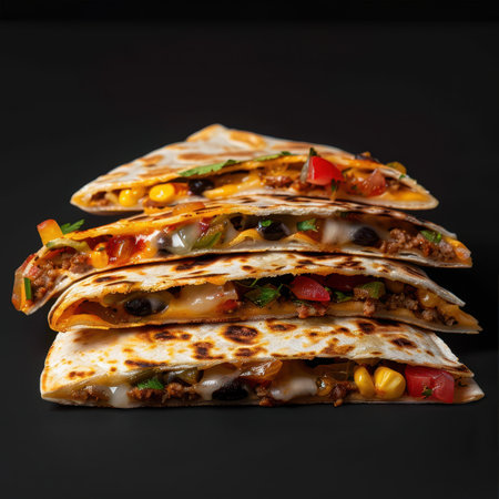 Deliciously cheesy and crispy Quesadillas, freshly made with beef, cheese, corn, tomato, and peppers. Mexican cuisine, street food, fast food, and snack concept.の素材