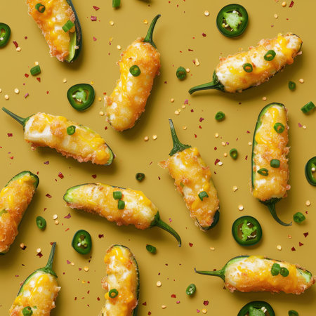 Close up of cheesy jalapeno poppers arranged on a yellow background.  Appetizer of fried jalapeno peppers filled with cheese and topped with chives.  Spicy, delicious food.の素材