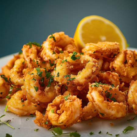 Crispy fried calamari rings with fresh parsley and lemon wedge. Close up of seafood dish for appetizer or snack. Delicious and easy recipe.の素材