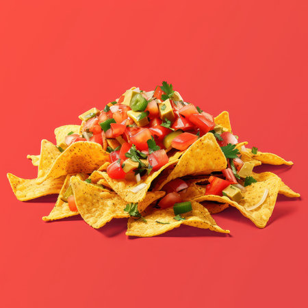 Nachos with salsa and avocado, close up, on red background, high angle view. Mexican food concept for restaurants and social media.の素材