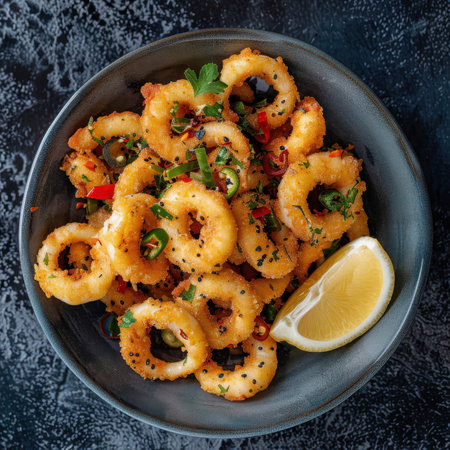 Spicy Fried Calamari Rings with Lemon and Chili Peppers, Food Photographyの素材