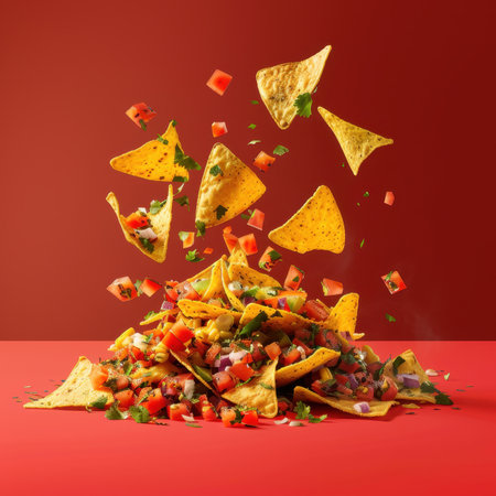 Nachos with salsa and fresh cilantro flying in the air, concept of mexican food, appetizer, snack and party foodの素材