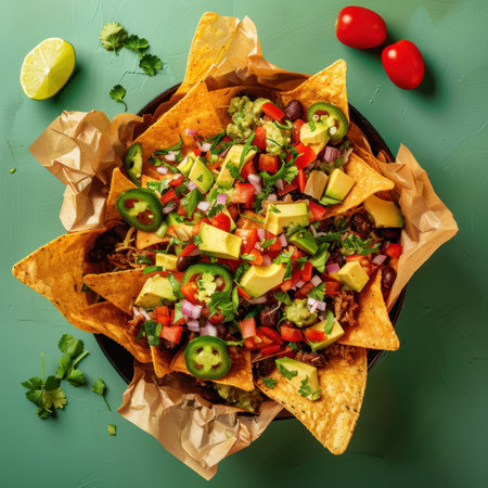 Delicious and colorful nachos with pulled pork, avocado, pico de gallo, jalapenos, and guacamole.  Mexican food.  Appetizer, snack, party food.の素材