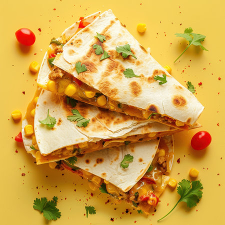 Delicious Homemade Quesadillas with Beef, Cheese, Corn, Peppers, and Cilantroの素材